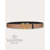 Real quality fake valentino canada Reversible Vlogo Signature Belt In Glossy Calfskin 30 Mm for Woman in Smokey Beige/black