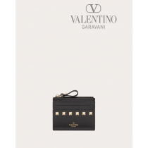 Buy knockoff valentino canada online Rockstud Calfskin Cardholder With Zipper for Woman in Black