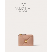 Real quality fake valentino canada Roman Stud Nappa Leather Coin Purse With Zipper for Woman in Rose Cannelle