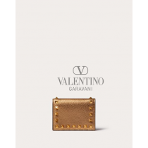 Cheap valentino canada stores Small Rockstud Metallic Grainy Calfskin Wallet for Woman in Antique Brass Dark