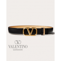 Real quality fake valentino canada Vlogo Signature Reversible Belt In Shiny And Metallic Calfskin 30mm for Woman in Antique Brass/black