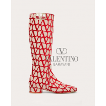 cheap fake valentino canada store Vlogo Type Boot In Toile Iconographe 30mm for Woman in Beige/red