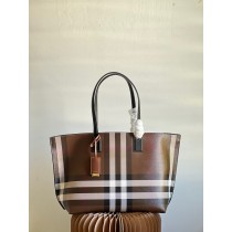 Burberry Check and Leather Medium Tote Dark Birch Brown