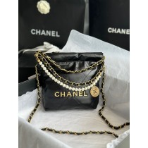 Chanel 22 Mini Bag Shiny Calfskin Black Pearls Decoration