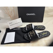 Chanel CC Logo Quilted Leather Slide Sandals Black