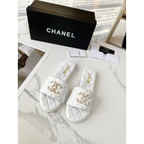 Chanel CC Logo Quilted Leather Slide Sandals White