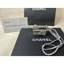 Chanel Metal Lambskin Strass Crystal Purse CC Long Necklace Silver