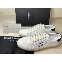 Saint Laurent Court Classic Sneakers In Embroidered Leather with Logo White Black