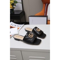 Gucci Matelassé Leather GG Marmont Flat Slide Sandals Black