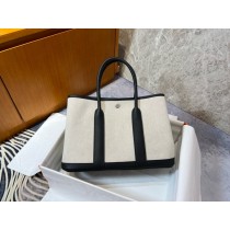 Hermes Garden Party 30cm Bag Beige Canvas and Black Leather