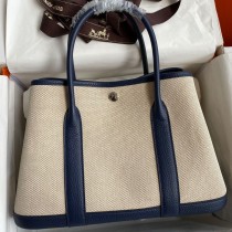 Hermes Garden Party 30CM Handmade Toile and Navy Blue Leather
