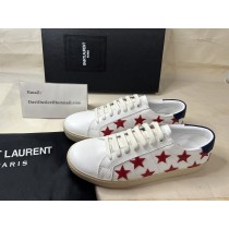 Saint Laurent Court Classic Sneakers In Stars Embroidered Leather White Red