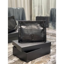 Saint Laurent Niki Medium Crocodile Vintage Pleated Leather Shopping Bag Black