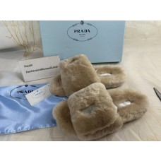 Prada Shearling Fur Slide Mules Ecru